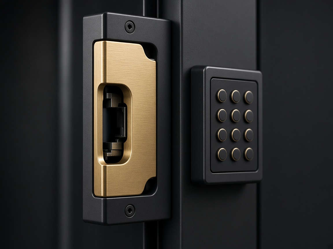 Electric strike and keypad hardware on a dark door frame