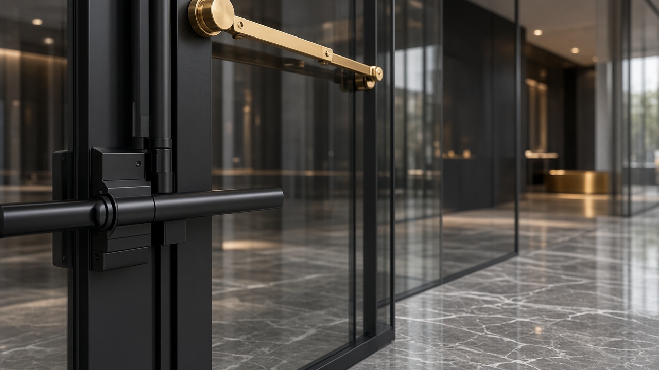 Glass commercial lobby doors with a dark frame and exit hardware