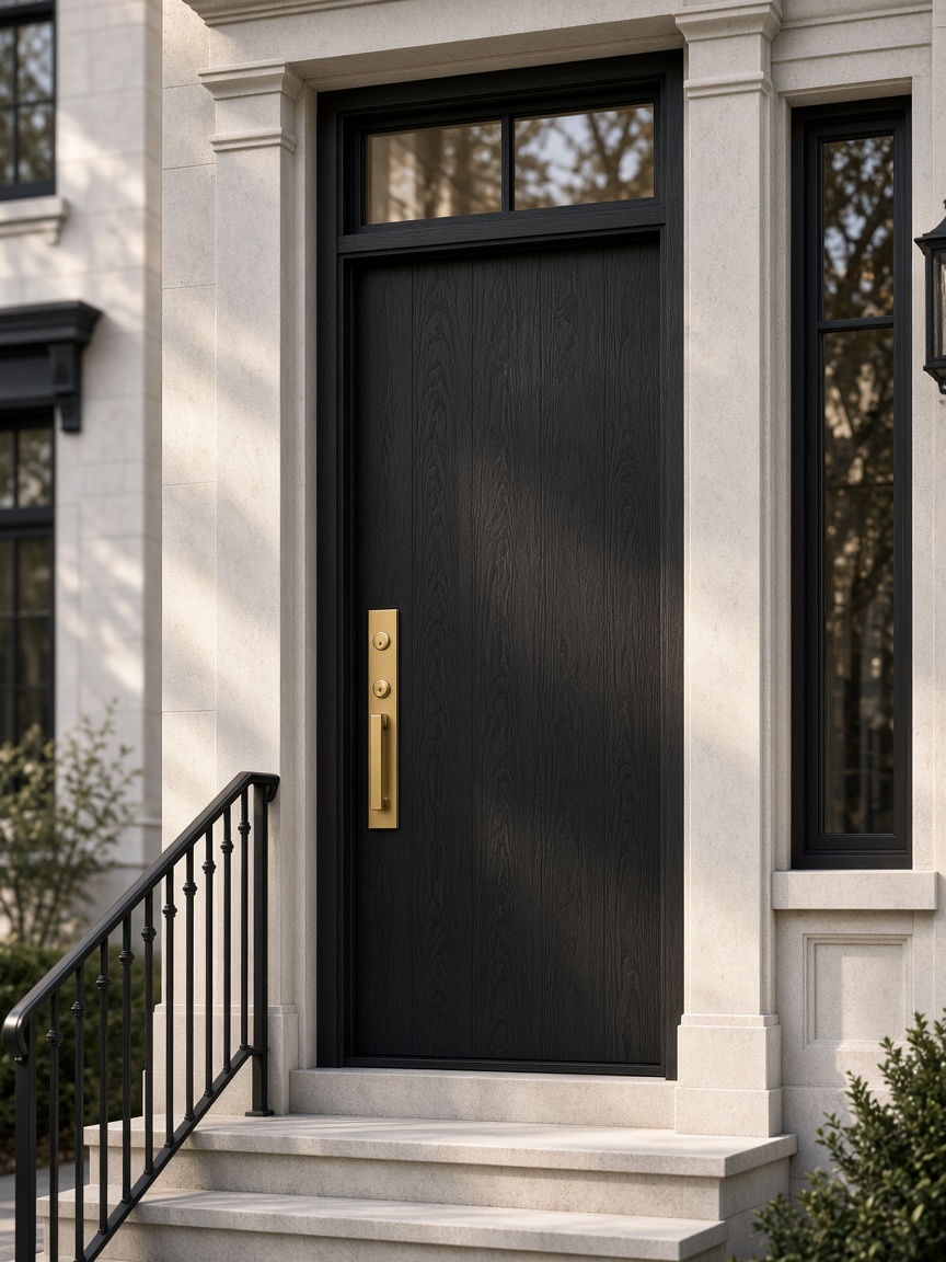 Tall dark wood residential door with a brushed gold handle
