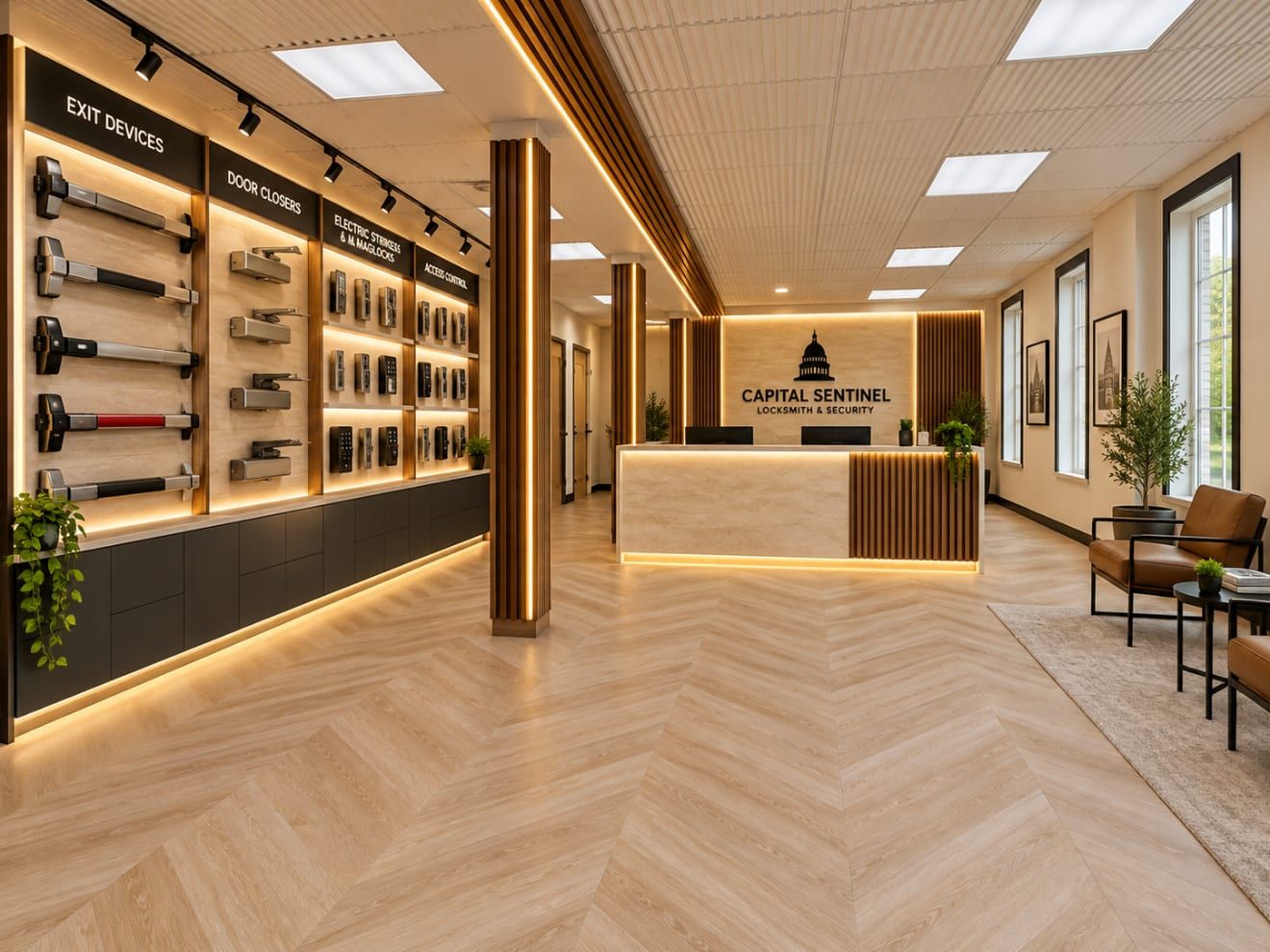 Capital Sentinel showroom with a herringbone wood floor, exit devices, door closers, electric strikes, maglocks, and access control