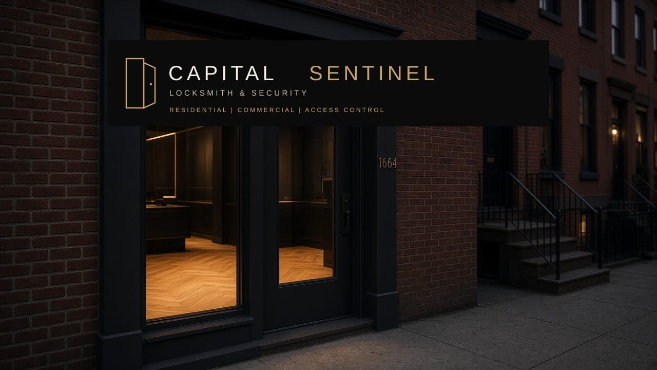 Black Capital Sentinel storefront at dusk at 1664 Columbia Road NW, Unit A, Washington, DC 20009, with a gold wordmark