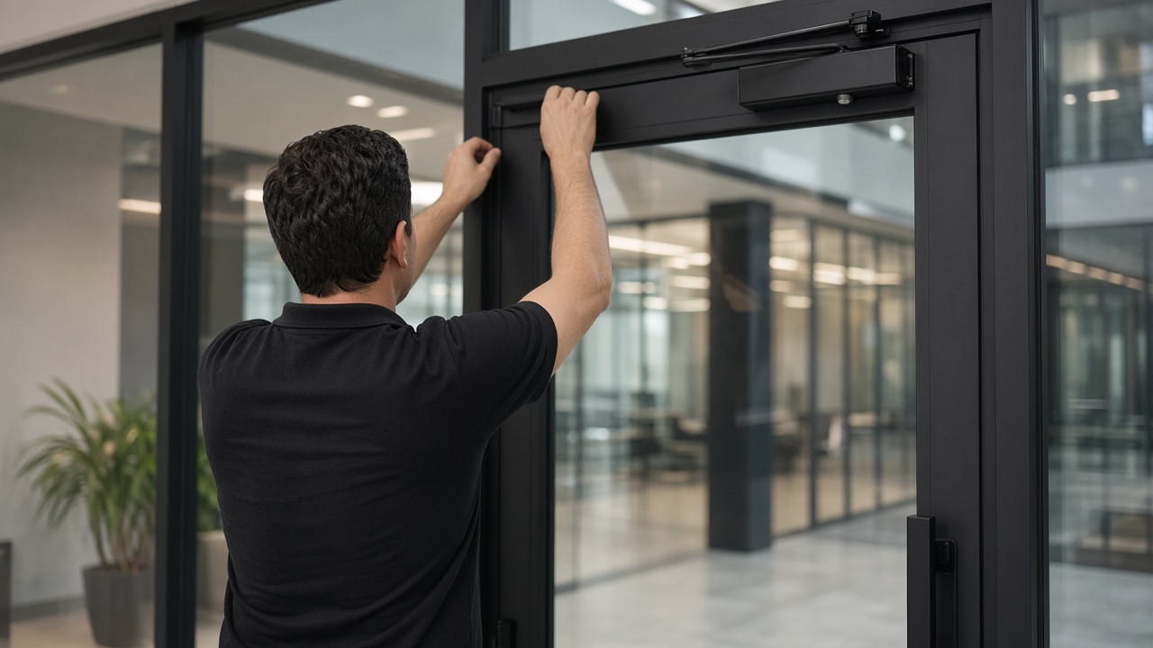 Technician from behind adjusting a commercial door closer