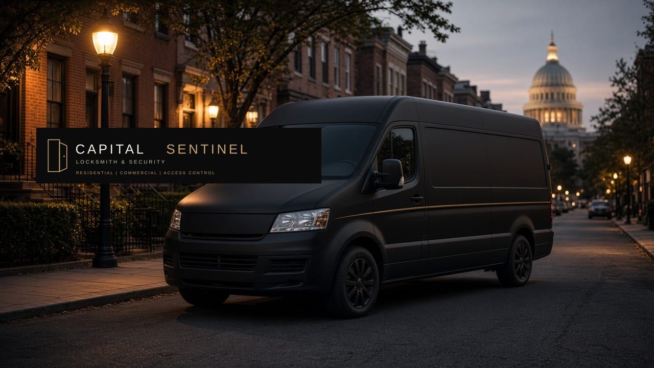 Black Capital Sentinel service van parked at a brick rowhouse